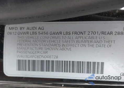 2013 Audi A7 3.0T Premium z USA, uszkodzony, nr VIN WAU3GAFC6DN046728